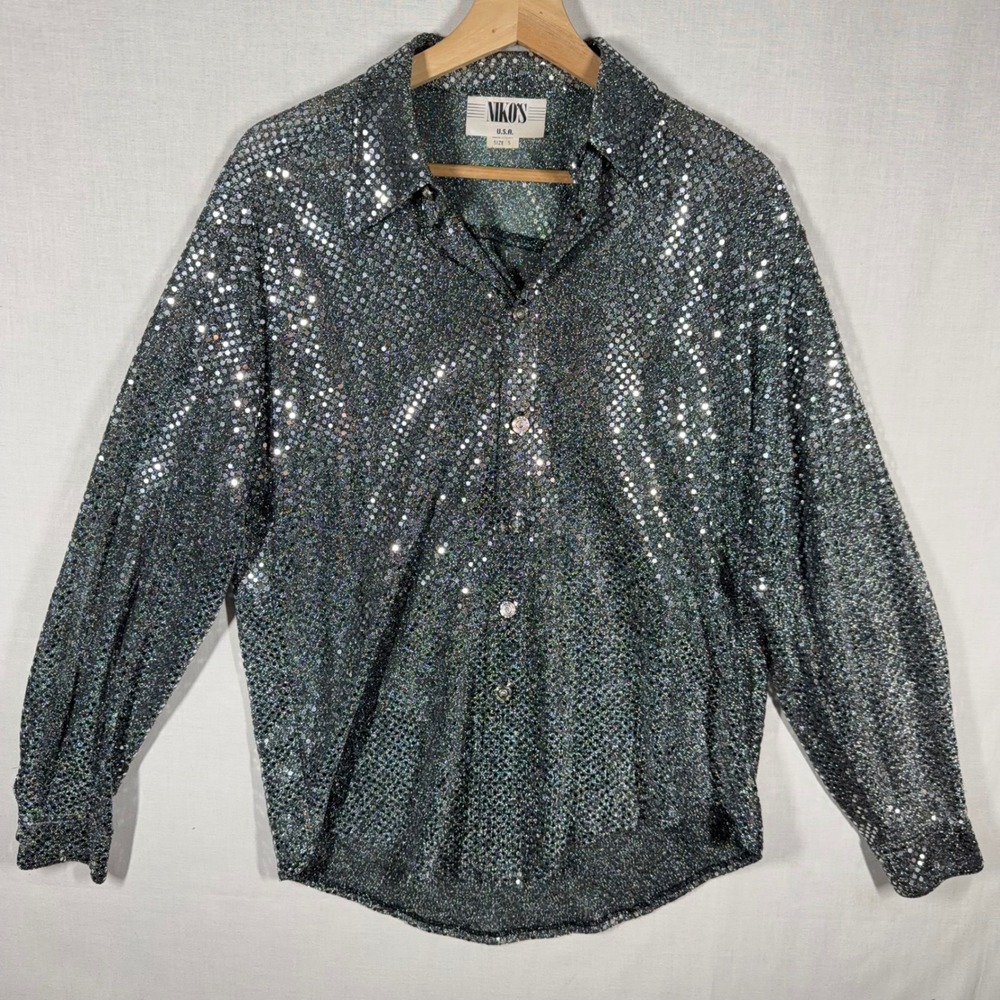VTG 80s Disco Shirt Small Sequin Mesh Foil Button Up Made in USA Nikos Studio 54